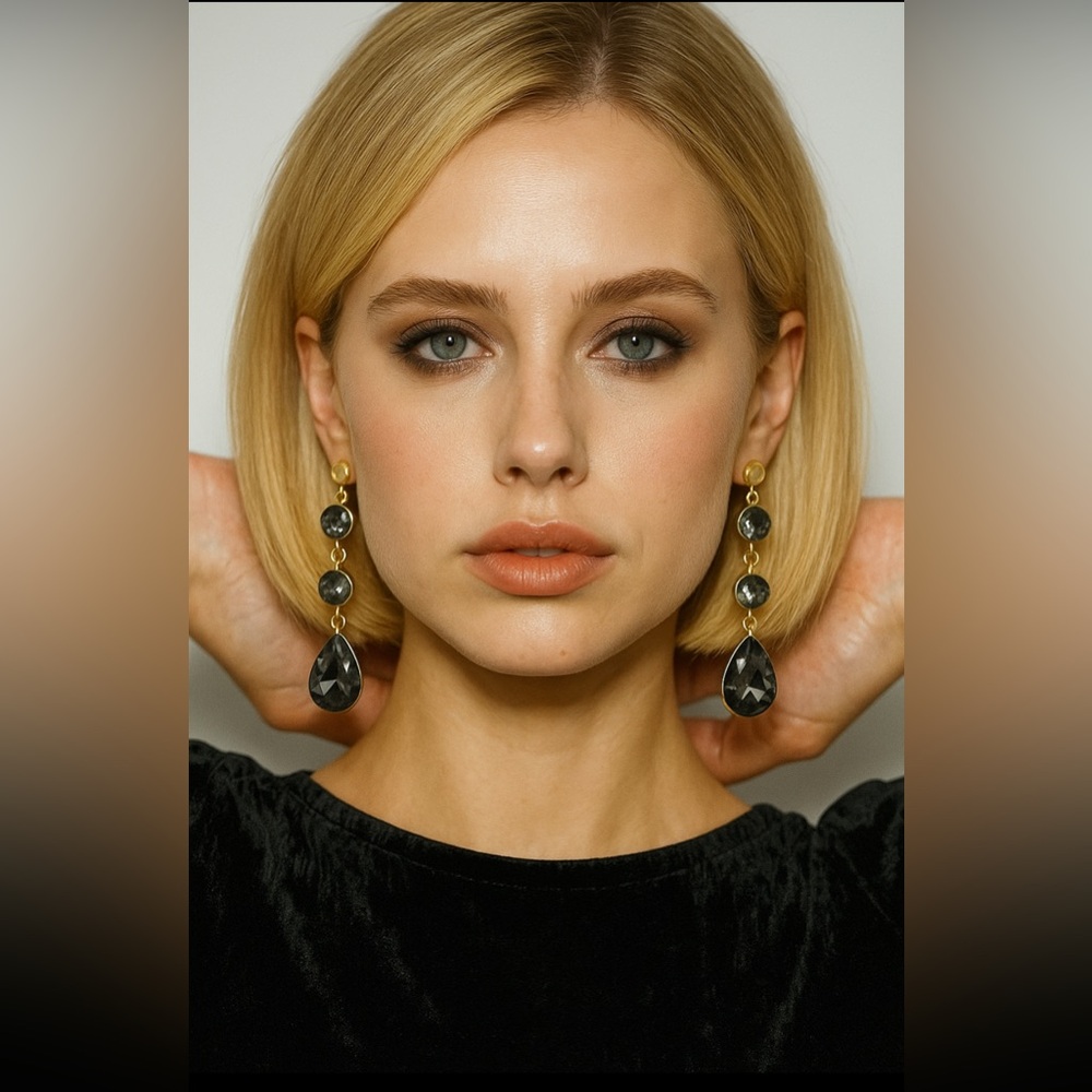 Elegant Gold and Black Crystal Teardrop Dangle Earrings